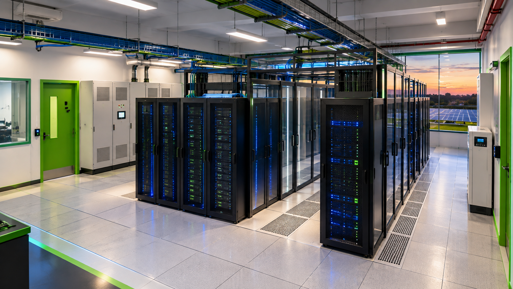 Modular Datenfarmen edge data hall with high-density racks, redundant power and solar visible outside
